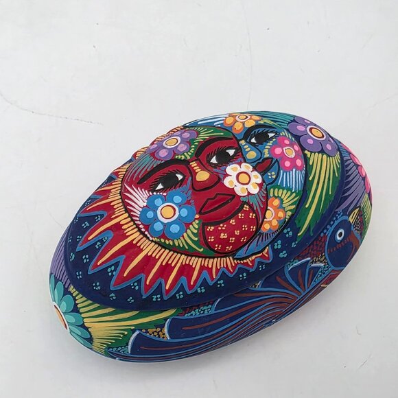 Hand-Painted Mexican Pottery Sun & Moon Trinket Box With Lid 5" - Picture 5 of 10